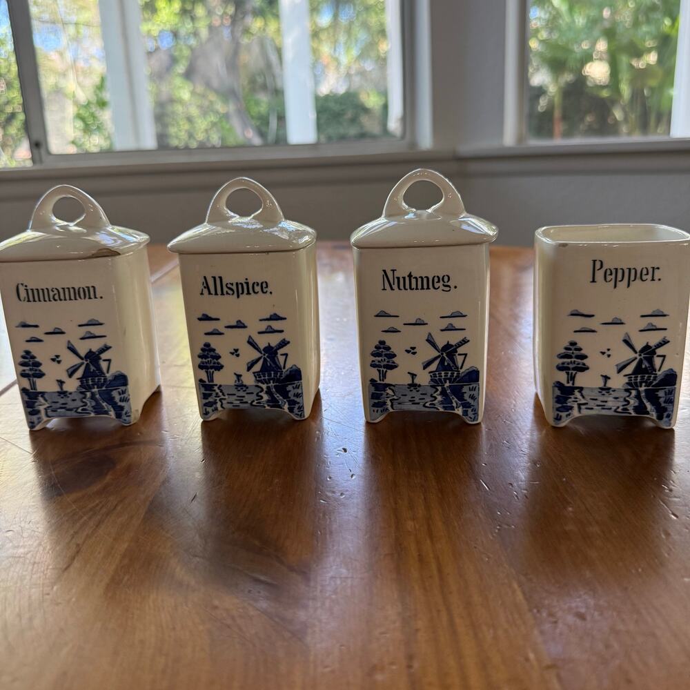 Vintage Delft Blue White Ceramic Spice Jars Set 4 Windmill Cinnamon Nutmeg
